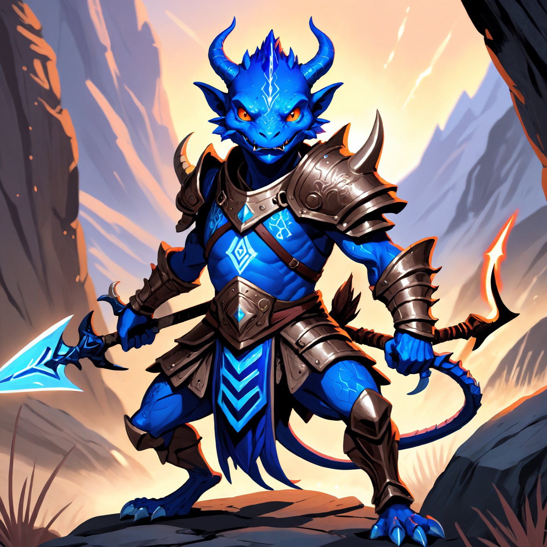 Illustration of a cobalt-colored kobold warrior depicted in full battle gear, wielding a menacingly sharp spear and wearing intricate armor adorned with glowing blue runes. The fierce kobold stands on rugged terrain, with its intense gaze fixed on an unseen adversary as it exudes an aura of formidable determination.