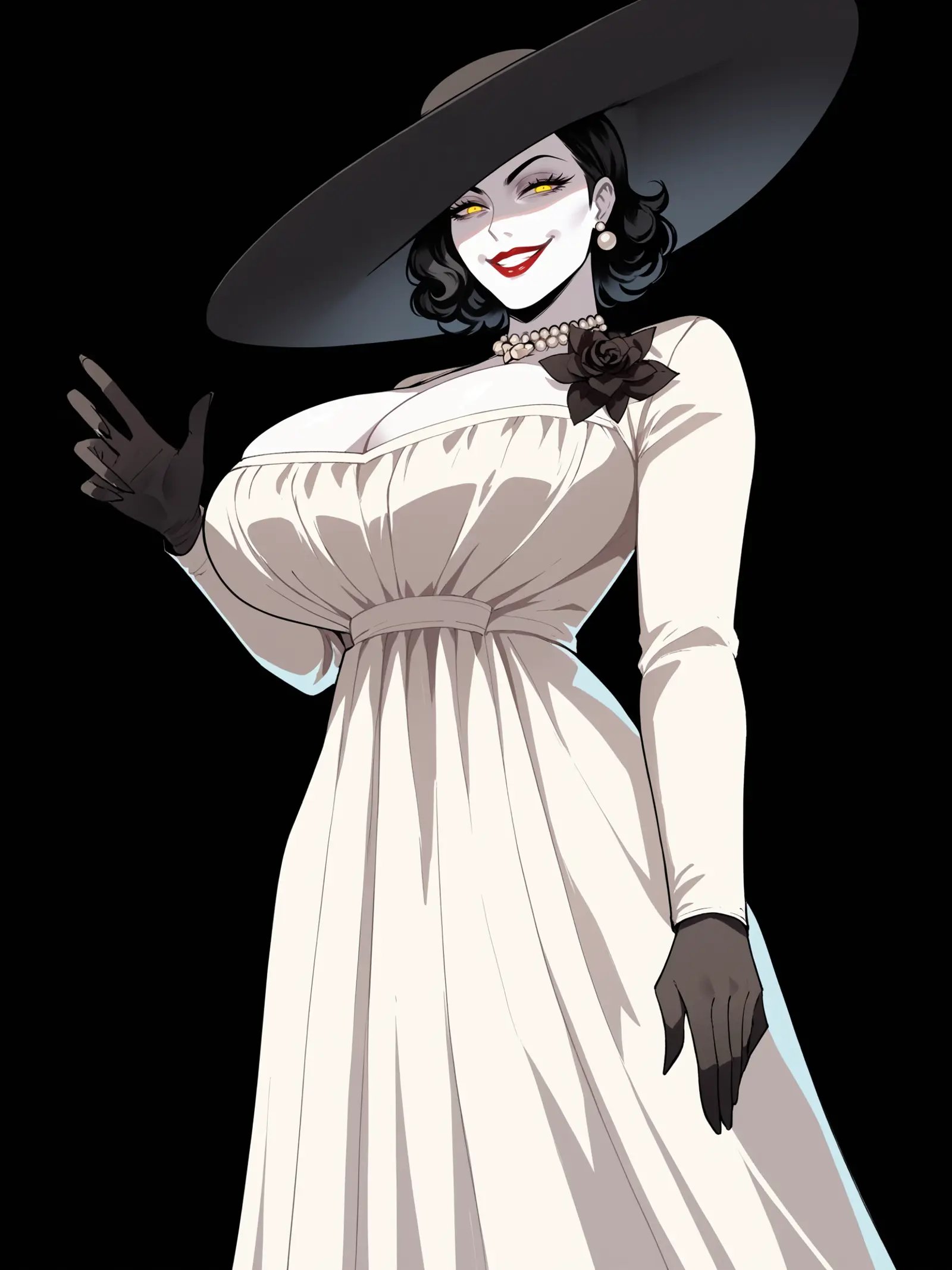 score_9, score_8_up, score_7_up, score_6_up, score_5_up, score_4_up,BREAKalcina dimitrescu, yellow eyes, red lips, pale skin, short hair, black sun_hat, long eyelashes, evil smile, half-closed eyes, adult, mature,BREAKsolo, standing, white dress, tall, broad shoulders, large breasts, breast grab, groping, self fondle,BREAKblack background, simple background, dynamic pose, <lora:Lunas-Nyantcha-Thiccwithaq-SDXL-A1:1>