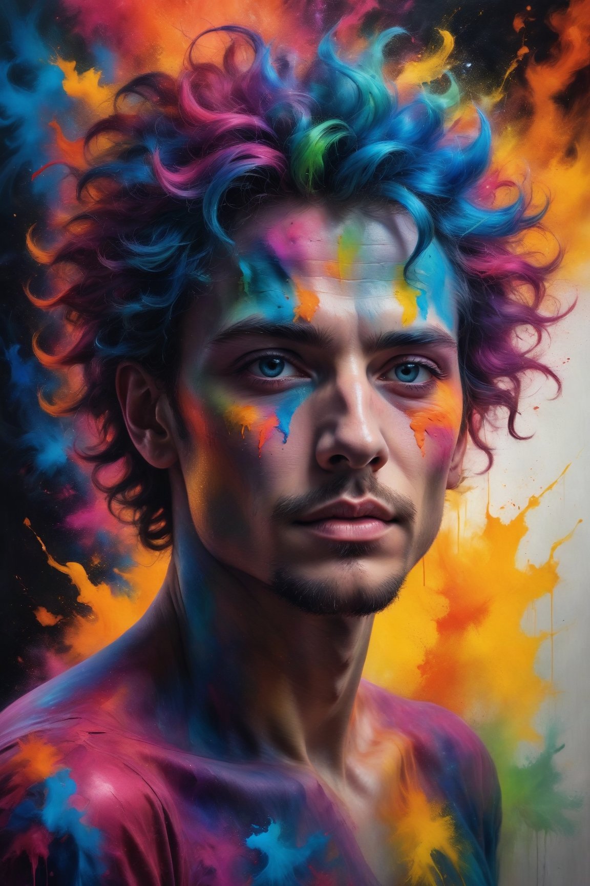 (best quality, 8K, highres, masterpiece), ultra-detailed, (super colorful, vibrant), in a mesmerizing and swirling composition, an ethereal madman with wild, multi-hued hair and an enigmatic, mischievous grin captivates viewers. The neon painting bursts with a kaleidoscope of vivid and contrasting shades that bring the character to life in a dazzling display of colors. Elongated limbs and vibrant, pointed facial features add an element of energetic expression and intrigue, while the artist's intricate and vibrant brushwork showcases a masterful skill and unwavering attention to detail. This high-quality image transports us into a world of awe-inspiring wonder, evoking a sense of curiosity and fascination