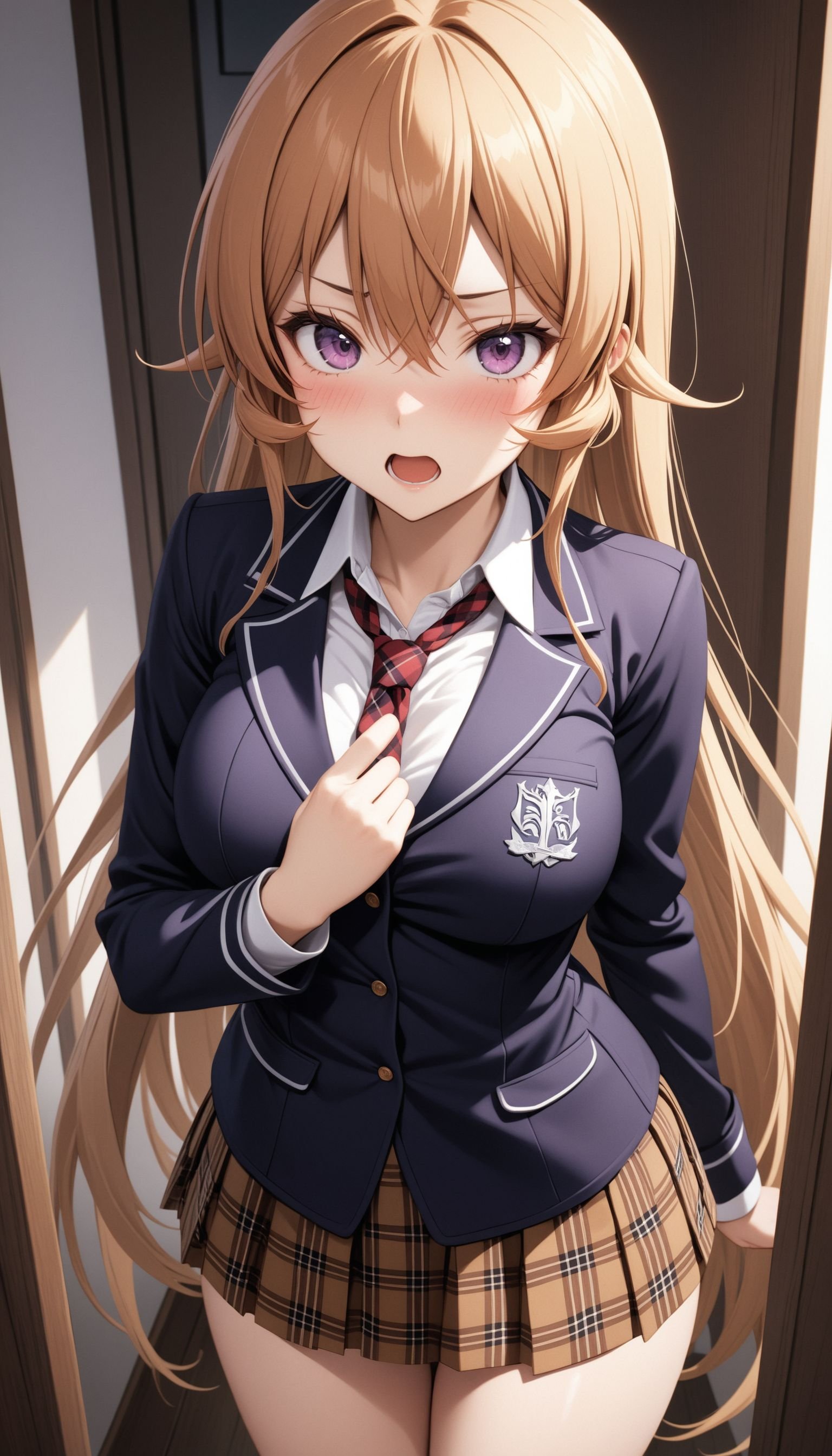 (masterpiece, best quality, very aesthetic, ultra detailed), intricate details,1girl, nakiri erina, shokugeki no souma, purple eyes, school uniform, plaid skirt, blush, hand up, open mouth,