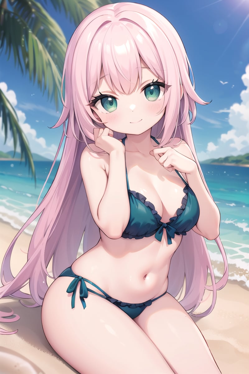 insanely detailed, absurdres, ultra-highres, ultra-detailed, best quality,1girl, solo, nice hands, perfect handsBREAK(nipples, coat, clothes:-1), wearing pastel green swimwearBREAKseductive smile, closed mouth,sitting on sand of beach, seductive pose, cowboy shotBREAKslender, kawaii, perfect symmetrical face, ultra cute girl, ultra cute face, ultra detailed eyes, ultra detailed hair, ultra cute, ultra beautifulBREAK(at seashore, seaside, coast, beach, tropical, sky, blue ocean:1.2), depth of field, ultra detailed background, (very wide, panorama view, sense of depth, magnificent view:1.3)BREAKmedium large breasts, , extremely detailed navel,  (shiny skin:1.3)BREAKpink hair, dark green eyes, long hair,