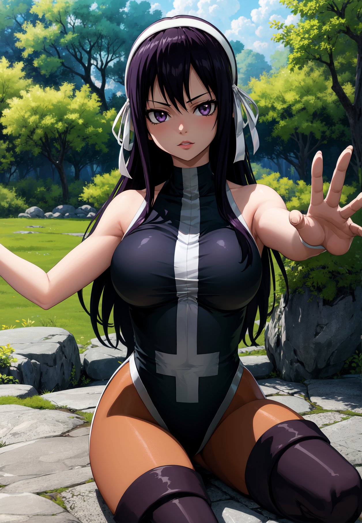 masterpiece, best quality, very aesthetic, ultra detailed, intricate details, 4k, anime style,MilkovichAi, 1girl, solo, black hair, purple eyes, hair ribbon, white hairband, hairband, long hair, breasts, large breasts,thighhighs, ribbon, pantyhose, boots, leotard, thigh boots, ultear milkovich, fairy tail, sitting, upper body, looking at viewer, waving, waving arms, forest, outdoors, tree, sunlight, cloudy, <lora:Milkovich:1>
