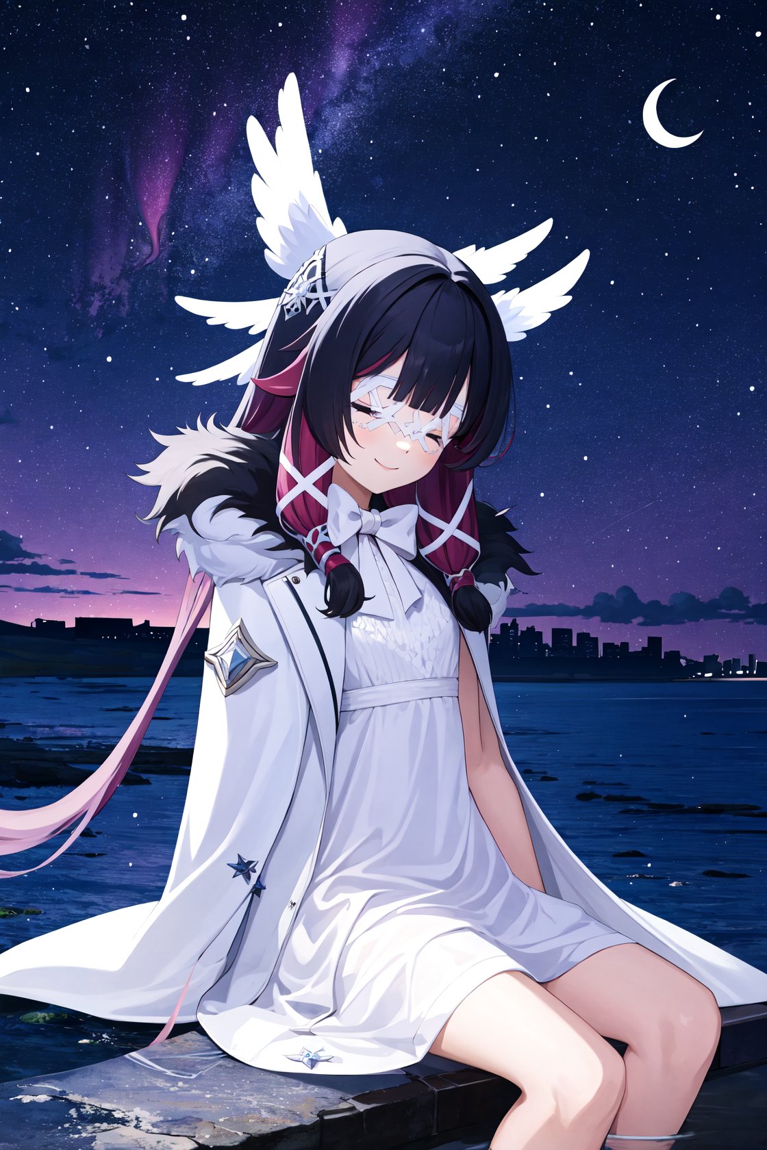 <lora:少女v2-000007:1>,shaonv,1girl,solo,white mask,head wings,fur-trimmed coat,smile,white coat,white bow,white dress,white ribbon,aurora,city lights,cloud,crescent moon,fireflies,horizon,light particles,milky way,moon,night,night sky,shore,sitting,sky,skyline,snowing,space,star \(sky\),starry background,starry sky,twilight,water,, (masterpiece,best quality,high quality:1.2),absurdres,