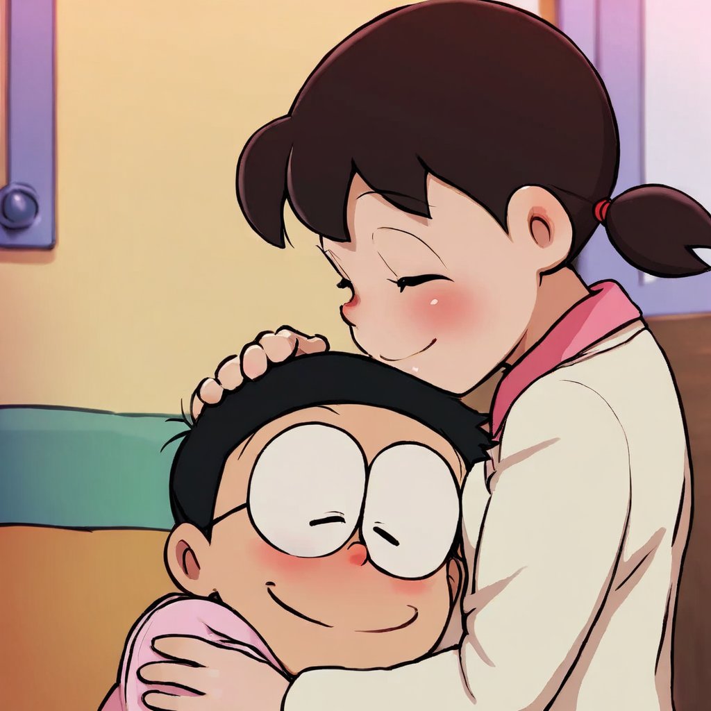 (nobi nobita), (couple, hetero, 2person), 1girl, 1boy, glasses, hug, smile, blush, closed eyes, minamoto shizuka, low twintails, masterpiece, best quality, upper body, <lora:minamoto shizuka and nobita kohaku:1>