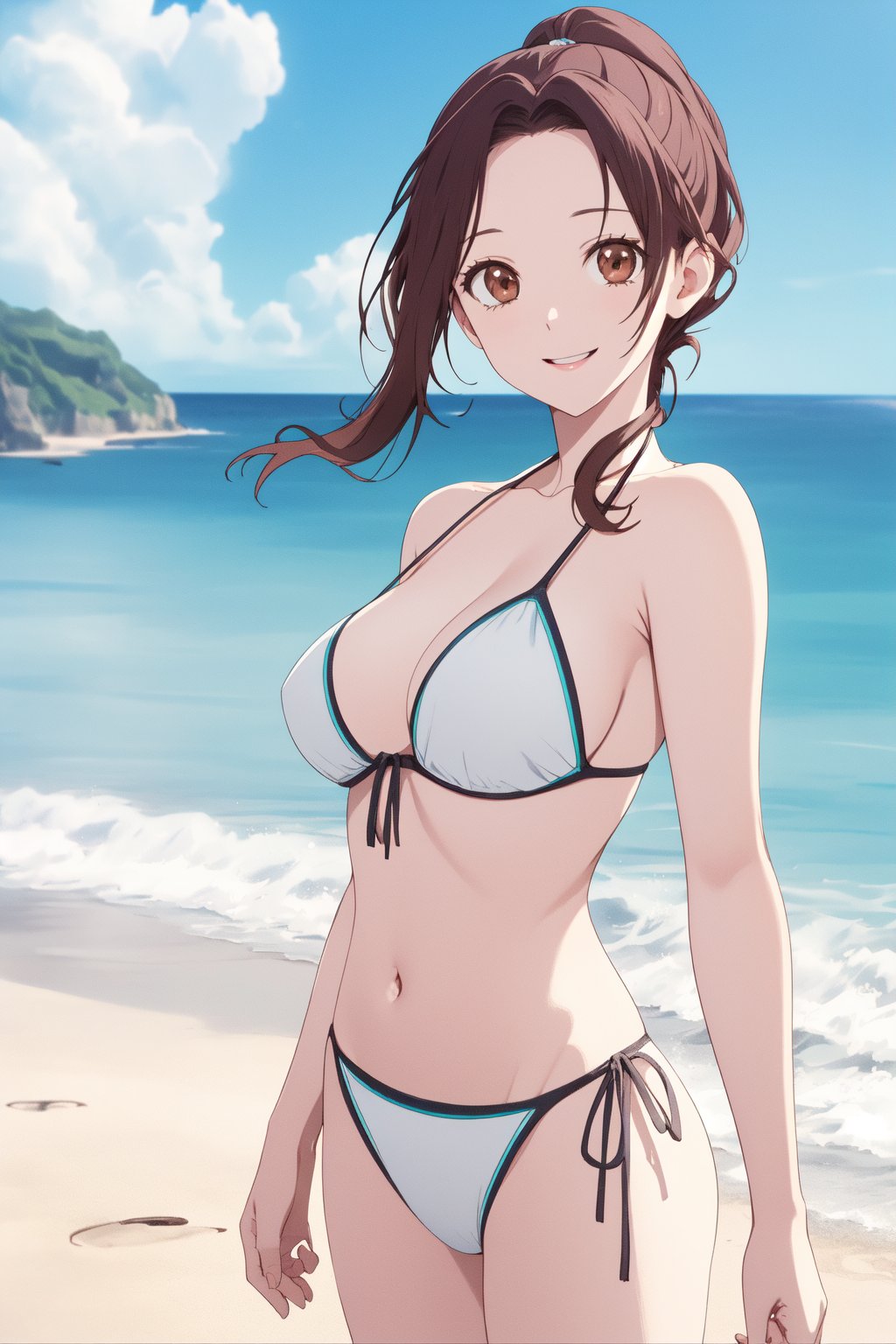 (RAW photo, best quality), 1girl,  natural lighting, smile, beach, bikini, ocean front,  <lora:aoi_takamoto_dr_elise_v1_2-000005:1>, aoi takamoto