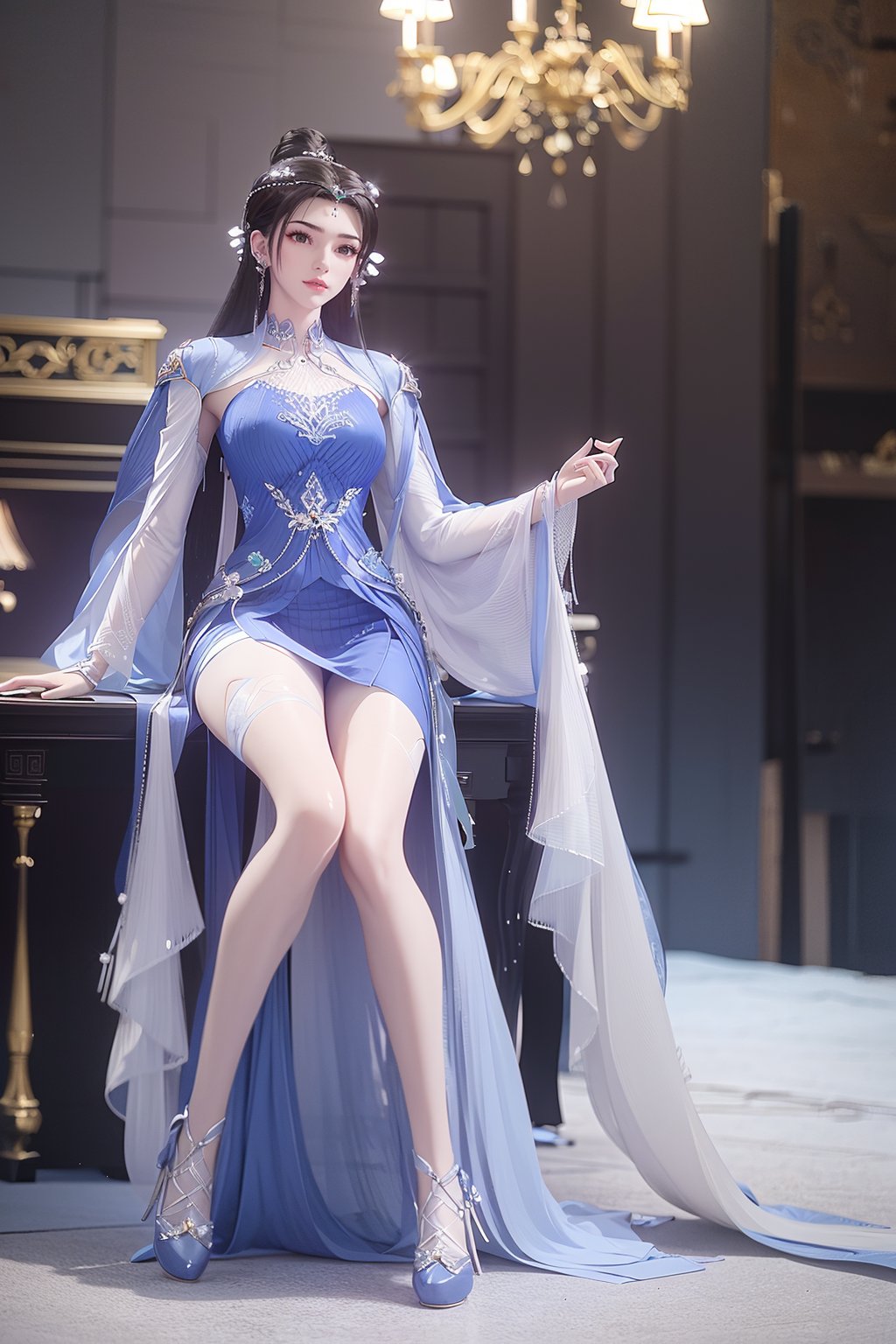 xianni\(muwan\),chinese dress,1girl,solo,<lora:muwan_v2:0.7>,full body,dynamic pose,sitting,from_below,upshorts,clubroom,