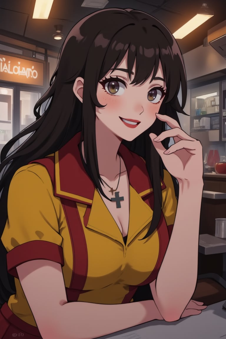 a fca_style of a max from two broke girls with long dark hair woman wearing a yellow and red uniform smiling at a restaurant with red lipstick looking at viewer with necklace<lora:Max_from_Two_Broke_Girls:1> <lora:fca_style_v3.2:1>