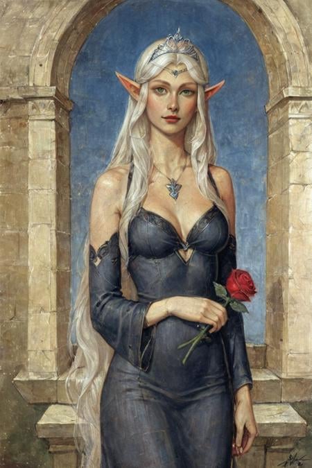 score_9, score_8_up, score_7_up, rating_safe, traditional media, realistic, 1girl, solo, elf, pointy ears, breasts, long hair, very long hair, white hair, green eyes, portrait, looking at viewer, black dress, tiara, silver tiara, holding, holding flower, rose, red rose, necklace, jewelry, cowboy shot, standing, outdoors, castle <lora:Gothic Art  Style SDXL_LoRA_Pony Diffusion V6 XL:0.8>