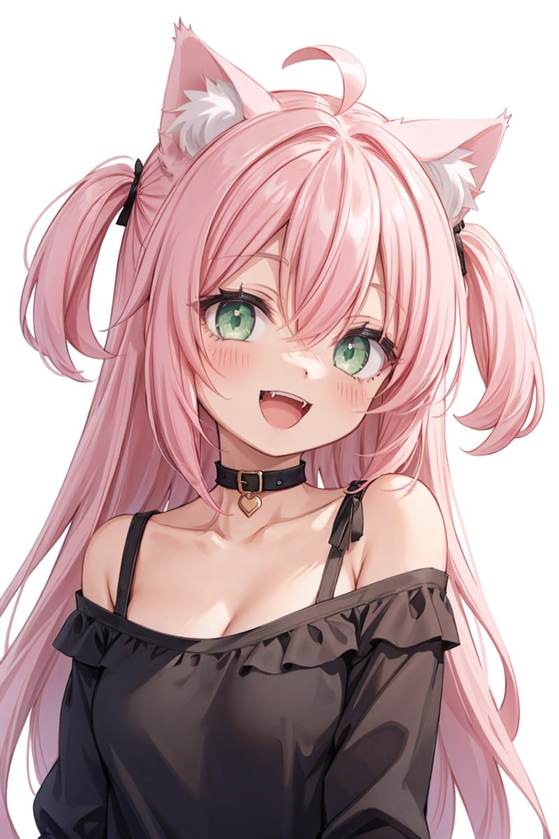 1girl, animal ears, solo, fangs, long hair, cat ears, off shoulder, breasts, pink hair, white background, green eyes, simple background, black shirt, shirt, ahoge, animal ear fluff, open mouth, looking at viewer, smile, upper body, small breasts, blush, two side up, bare shoulders, :d, collarbone, cat girl, cleavage, bangs, hair between eyes