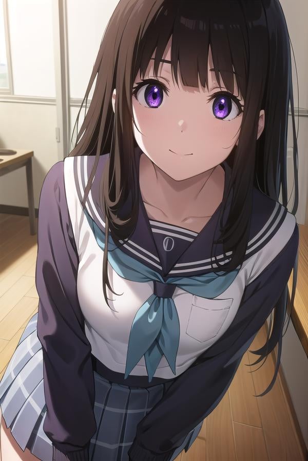 eruchitanda, <lora:eru chitanda s1-lora-nochekaiser:1>,eru chitanda, long hair, black hair, bangs, blunt bangs, (purple eyes:1.1), sidelocks, smile,BREAK skirt, school uniform, serafuku, kamiyama high school uniform \(hyouka\), black skirt, long sleeves, black sailor collar,BREAK indoors, classroom,BREAK looking at viewer, (cowboy shot:1.5),BREAK <lyco:GoodHands-beta2:1>, (masterpiece:1.2), best quality, high resolution, unity 8k wallpaper, (illustration:0.8), (beautiful detailed eyes:1.6), extremely detailed face, perfect lighting, extremely detailed CG, (perfect hands, perfect anatomy),