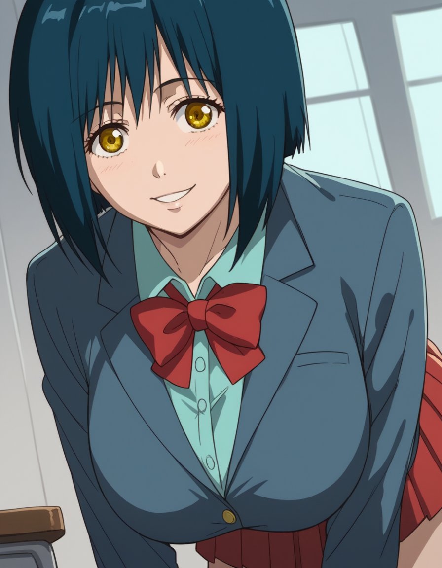 score_9, score_8_up, score_7_up, source_anime, <lora:manami-nikaido-ova-ponyxl-lora-nochekaiser:1>, manami nikaido, short hair, black hair, blue hair, yellow eyes, bob cut, large breasts,, school uniform, shirt, collared shirt, blazer, grey blazer, bowtie, red bowtie, skirt, red skirt, pleated skirt,, indoors, bent over, smile,, looking at viewer, solo, cowboy shot, dutch angle