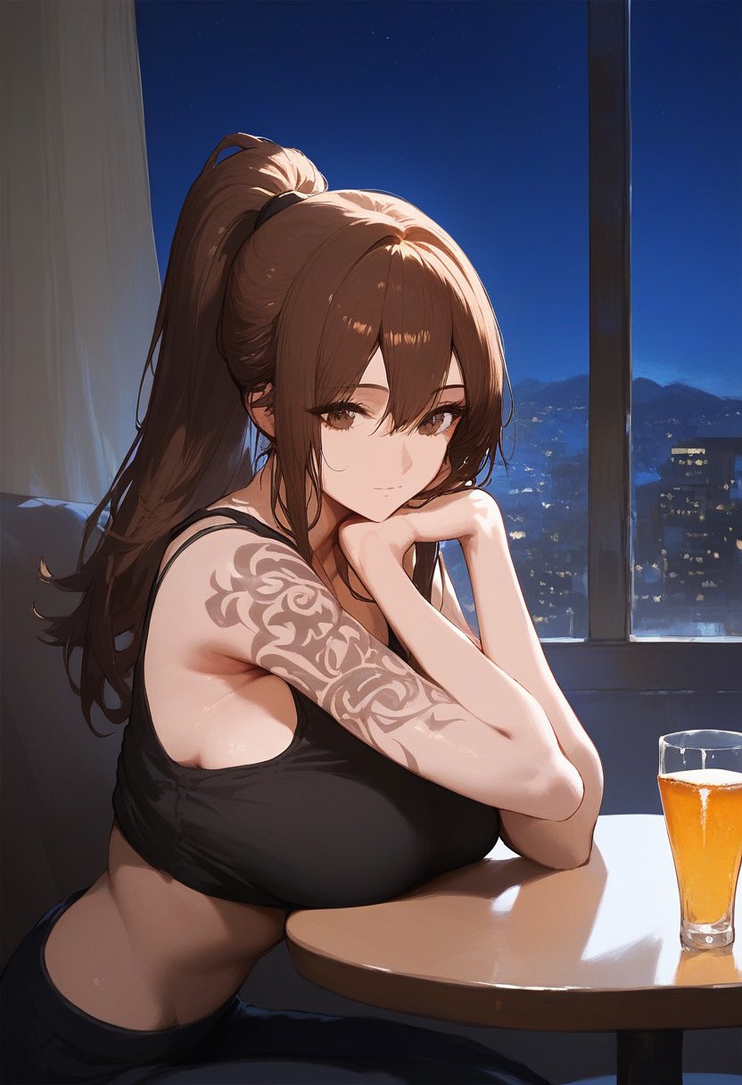 score_9, score_8_up, score_7_up, score_6_up, source_anime, <lora:GEN 0.1v:0.9>, GEN,1girl, solo, long hair, breasts, large breasts, brown hair, bare shoulders, sitting, brown eyes, ponytail, sidelocks, sky, indoors, crop top, cup, window, tattoo, night, table, tank top, night sky, drinking glass, alcohol, head rest, arm tattoo, glass, shoulder tattoo, black tank top,