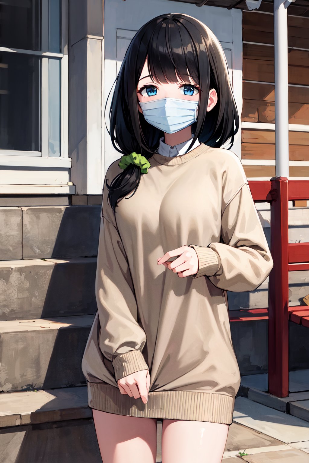 masterpiece, best quality, highres, 1girl, solo, long hair, black hair, hair scrunchie, low ponytail, blue eyes, mouth mask, <lora:hassu_v1:0.8>, sweater dress, standing, smile