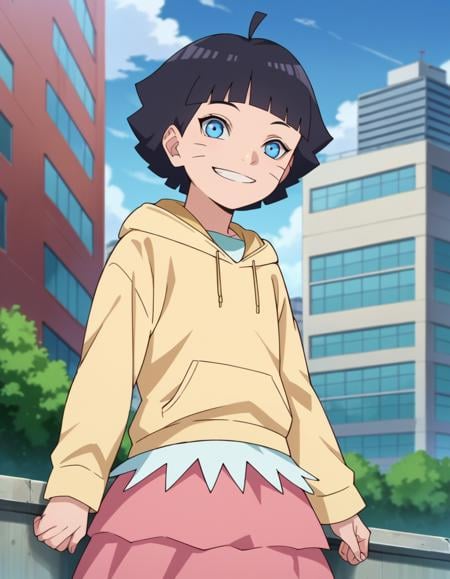 score_9, score_8_up, score_7_up, source_anime,himawariuzumaki, <lora:himawari-uzumaki-ponyxl-lora-nochekaiser:1>,himawari uzumaki, short hair, bangs, blue eyes, black hair, blunt bangs, facial mark, whisker markings, ahoge,skirt, long sleeves, hoodie, hood down, pink skirt, yellow hoodie,outdoors, cityscape, smile,looking at viewer, dutch angle,