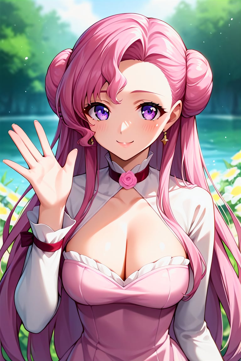 score_9, score_8_up, score_7_up, score_6_up, score_5_up, score_4_up, rating_questionable, , source_anime, digital illustration, pixiv, fanbox, uncensored, , BREAK, official art,1girl, female, euphemia li britannia, pink hair, long hair, purple eyes, double bun,  pink dress, long sleeves, cleavage cutout, flower, choker, flower choker, waving, upper body, light smile, outdoors, blush, looking at viewer, cowboy shot, colorful, vivid, 5 fingers, <lora:Euphemia_li_Britannia_XL:0.8>