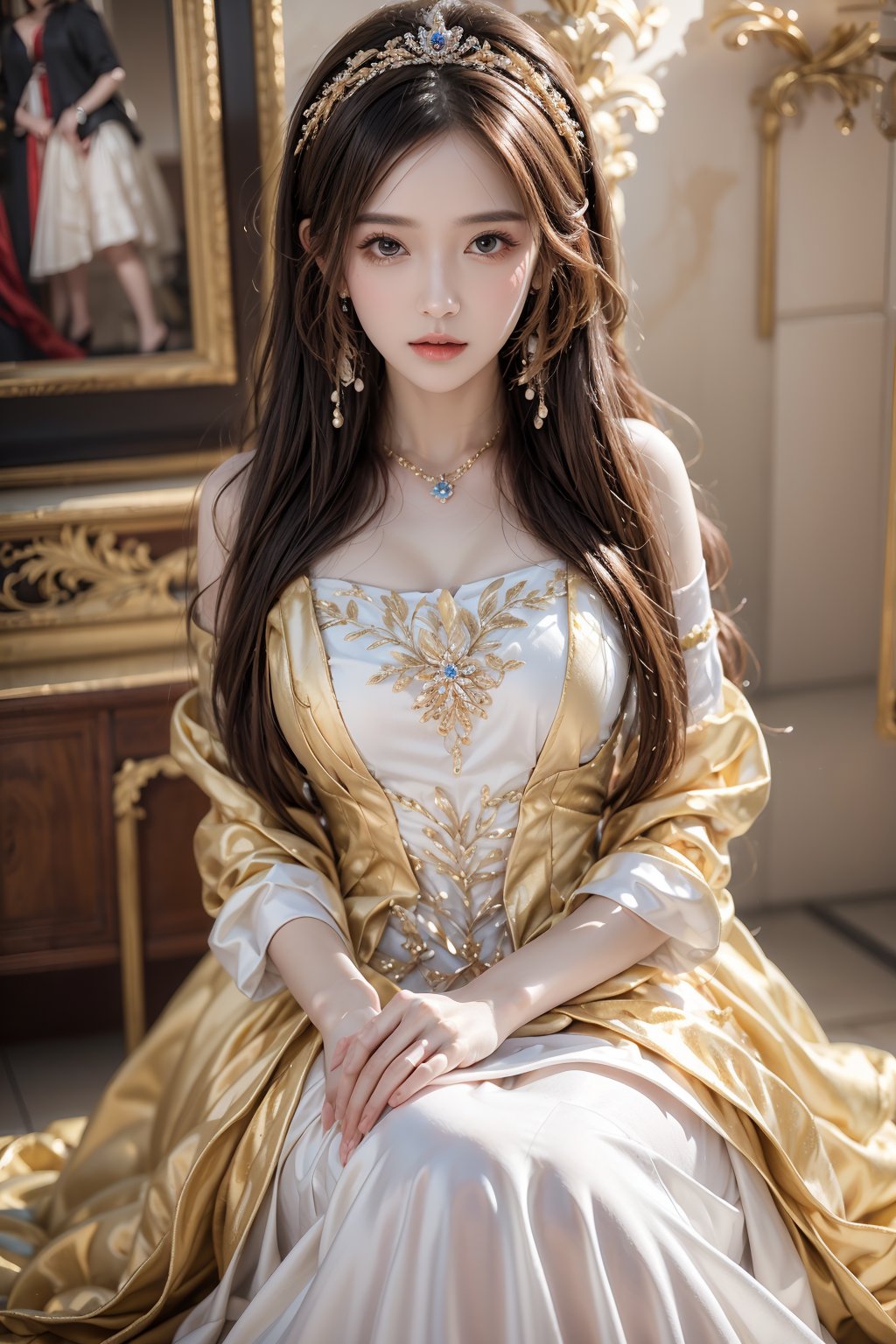 masterpiece,best quality,1 girl,solo,ultra detailed,long hair,fashionable accessories,princess dress,golden dress,<lora:more_details:0.4>,<lora:888:0.7>,