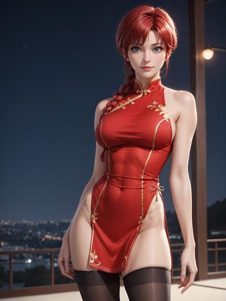 zPDXLrl, score_9, score_8_up, score_7_up, rating explicit, (realistic:1.3), masterpiece, best quality, ultra HD quality details, 1girl, solo, Ranma-chan \(ranma 1/2\), crimson red-hair, single braid, beautiful blue eyes, medium breasts, closed mouth, red cheongsam, black thighhighs, black thigh-high boots, lips, toned, facing viewer, sexy posing, standing, sexy posing,