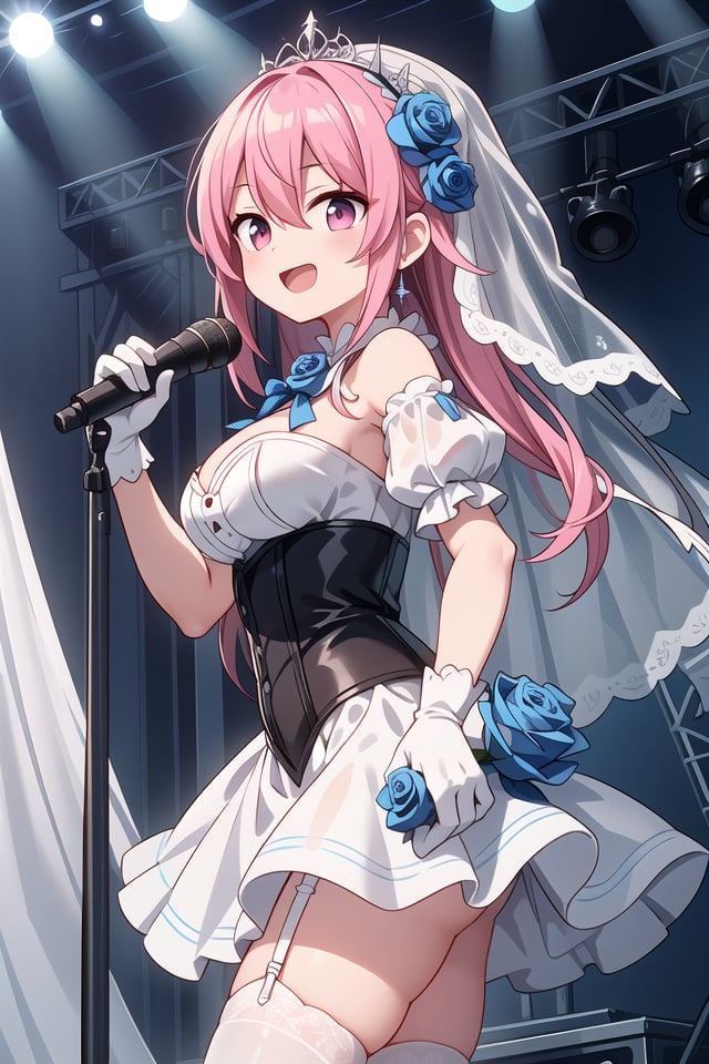 insanely detailed, absurdres, ultra-highres, ultra-detailed, best quality,1girl, solo, nice hands, perfect handsBREAK(nsfw:-1.5),(fusion of white mourning-dress and white wedding dress:1.2), (gothic dress:1.3), (light-blue and white theme:1.3), ((white mourning-veil, white see-through wedding-veil):1.5), ((white latex corset, light-blue breast-cup):1.4), (short puff-sleeve:1.3), ((white collar, tie-bow):1.3), ((ruffle-skirt, multilayer-skirt):1.4), ((stockings, garter belt):1.3), (see-through long gloves:1.3), (blue rose decoration on head:1.3), (high heels:1.1)BREAKhappy smile, laugh, open mouth, (standing, singing, dancing, holding microphone:1.4)BREAKfrom side,cute pose, cowboy shotBREAKslender, kawaii, perfect symmetrical face, ultra cute girl, ultra cute face, ultra detailed eyes, ultra detailed hair, ultra cute, ultra beautifulBREAKindoors, concert hall, idol live, crowded audienceBREAKmedium large breastsBREAKpink hair, pink eyes, chignon, hair between eyes