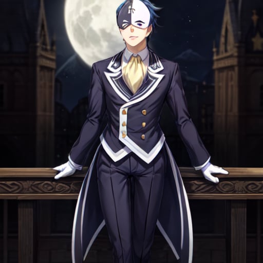 <lora:Vanir Spoch 10:0.75>, vanir-liver020, 1boy, male focus, solo, mask, gloves, blue hair, white gloves, formal, pants, suit, black footwear, jacket, ascot, black and white mask, moon, star, symbols, symbol II, mask on head,  <lora:add_detail:1>, 1 girl, 20yo, Beautiful Fingers, Beautiful long legs, Beautiful body, Beautiful Nose, Beautiful character design, perfect eyes, perfect face, looking at viewer, (innocent_big_eyes:1.0), official art, perfect lighting , Colorful, Bright_Front_face_Lighting, (masterpiece :1.0), (best_quality:1.0), ultra high res,4K, ultra-detailed, photography, 8K, HDR, highres, absurdres:1.2, Kodak portra 400, film grain, blurry background, lens flare, (vibrant_color:1.2) , (Beautiful,large_Breasts:1.4), (beautiful_face:1.5), (narrow_waist),