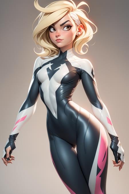 3dmm style,(best quality, masterpiece, perfect ligthing, bloom, cinematic lighting), gwen stacy, spider-gwen suit, bodysuit, superhero,blonde hair,short hair, animification, eyebrow piercing,, masterpiece, best quality,