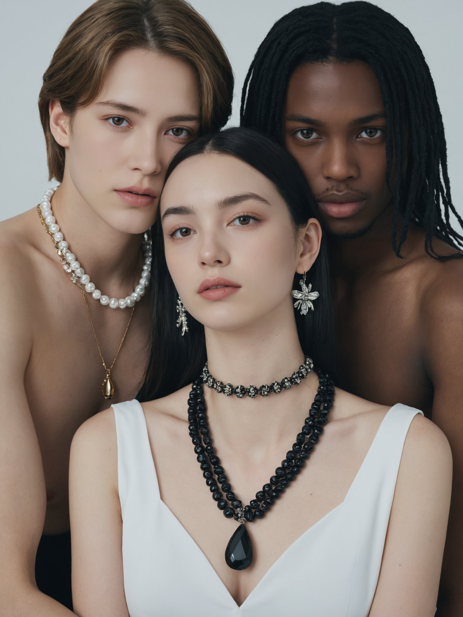 realistic,portrait of dark-skined American 1man and pale-skinned French 1woman,half body,both looking at viewer,pale French girl in open v chest clothes and black american boy in collared shirt,jewelry,flower,necklace,breasts,sexy,refined editorial photograph,real photo,8k,sharp high-quality photo,