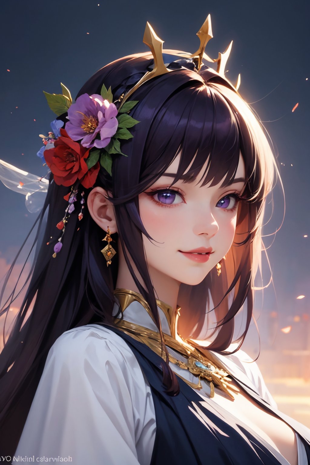 (masterpiece, best quality), intricate details, beautiful girl, purple hair, blunt bangs, light purple eyes, sharp jawline, Fairy queen crowns with cascading flowers, long hair, lips, upper body, smirk