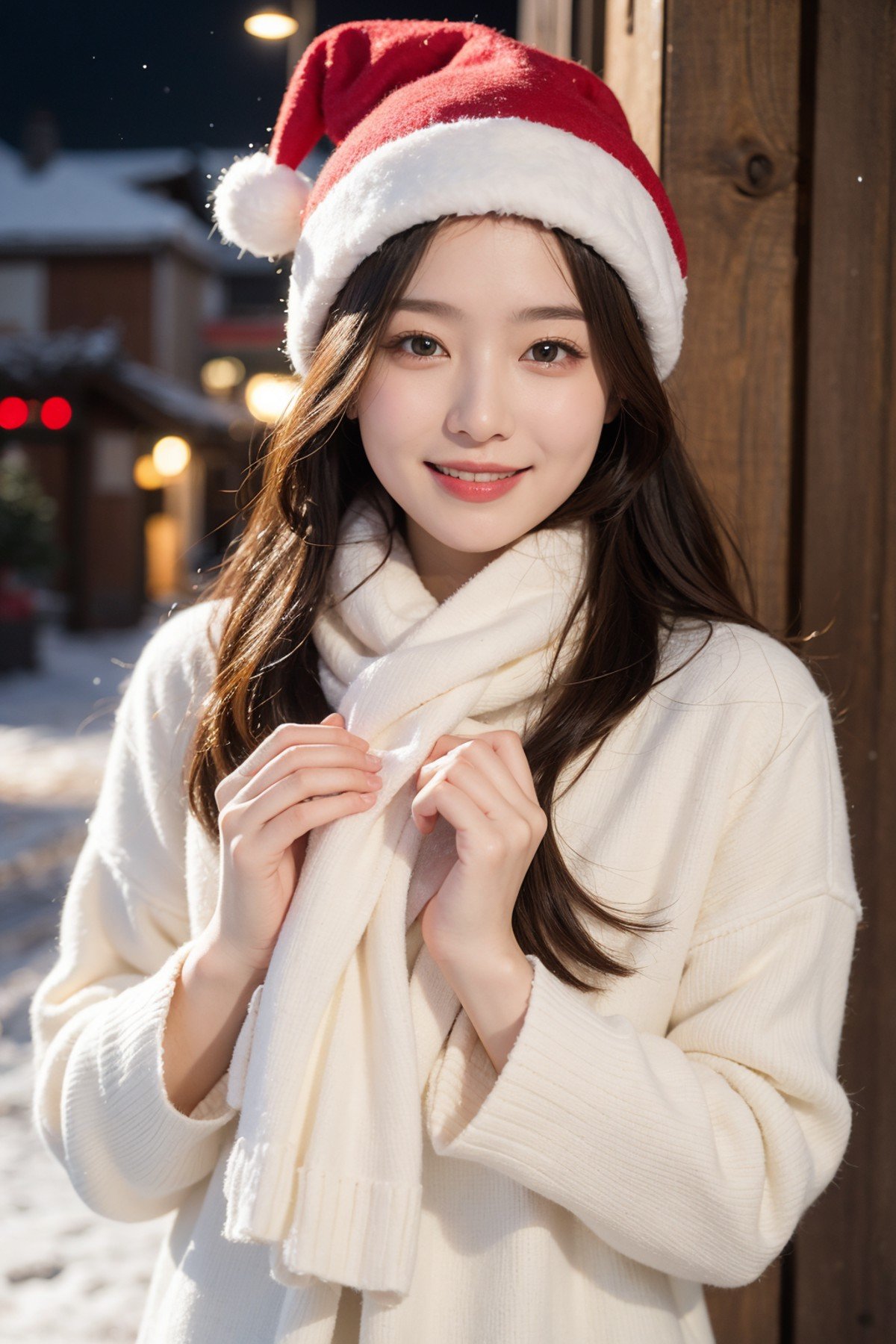 (masterpiece:1.2),1girl,christmas,scarf,santa_hat,christmas decoration,snow,chinese,medium breast,cleavage,brown hair,smile,