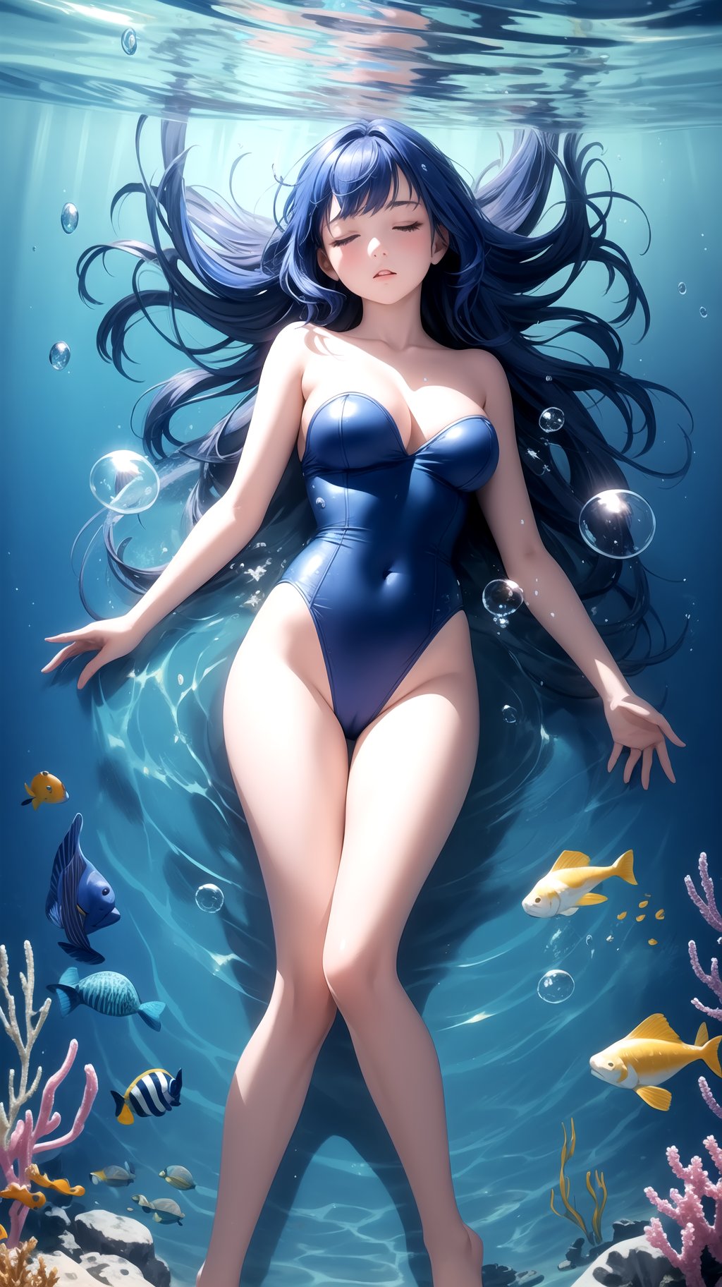 (masterpiece, best quality), 1girl, solo, very light shade of blue hair, she is beautiful, folding herself, in a shiny bubble, under the sea, other bubbles around her , ocean view, high quality, perfect, detailed, she is in deep sleep, strapless leotard, she is holding her self in her hands, floating in a bubble