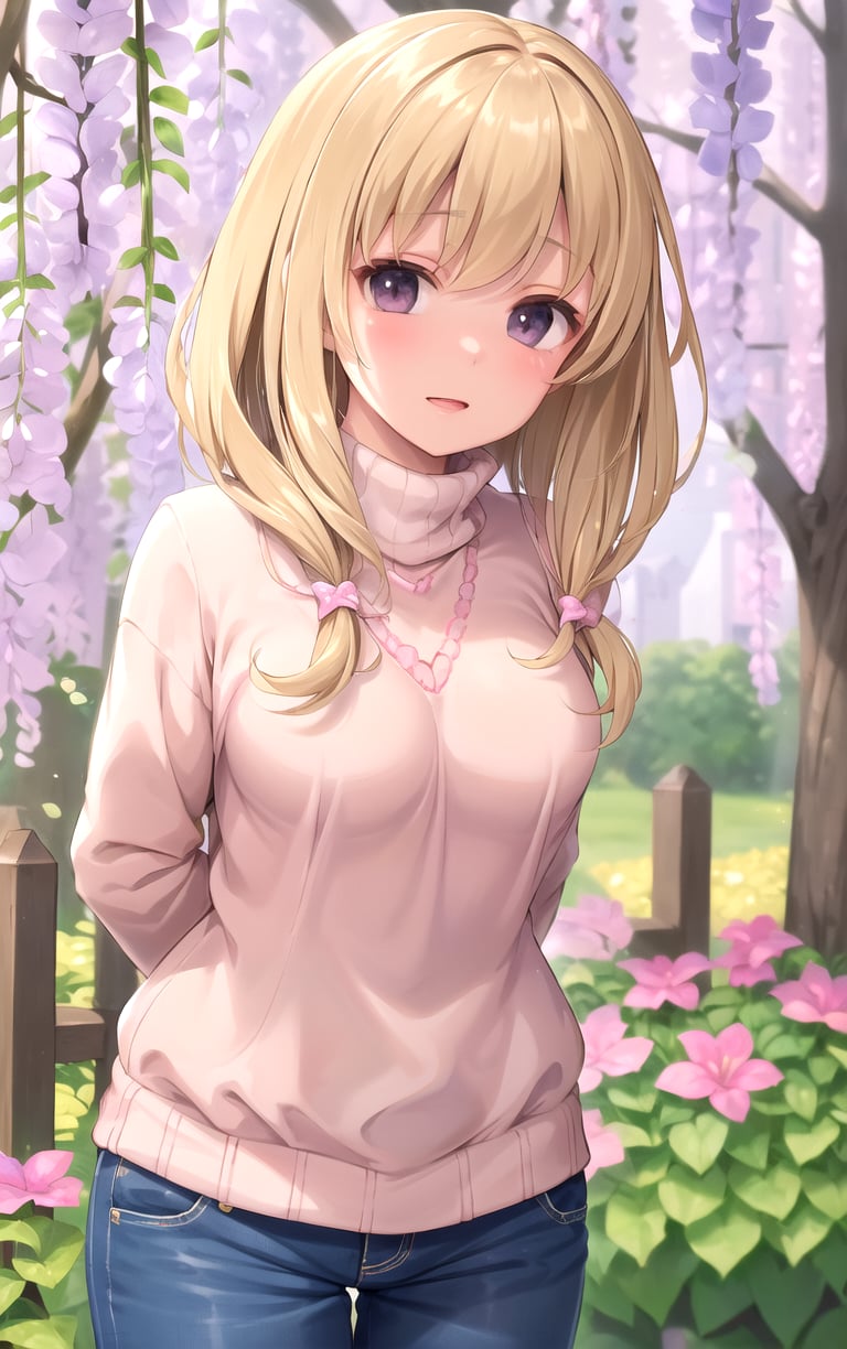 (masterpiece, best quality:1.4), insaneres, absurdres, solo, looking at viewer,BREAK FAP_ARTSTYLE_sasaame_ra_ownwaifu,1girl, black eyes, brown hair, long hair, medium breasts, makeup,long sleeves, sweater, pink jacket, turtleneck, blue pants, formal, (leaning forward, arms behind back), cowboy shot, garden, wisteria, outdoors, <lora:FAP_ARTSTYLE_sasaame_ra_ownwaifu:0.85> , depth of field 