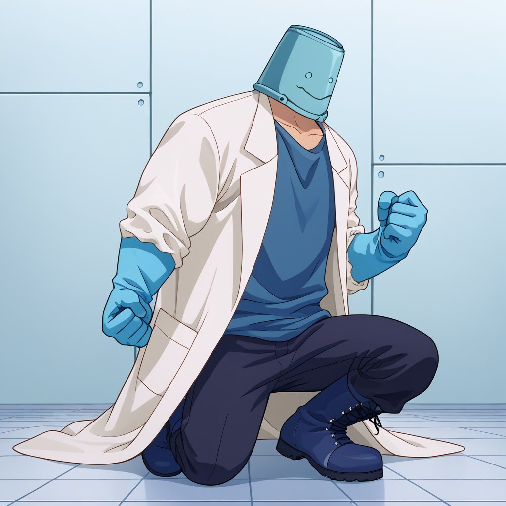 zPDXL2,rating_safe,<lora:Nanao_V2:1>,nanao,solo,male focus,1boy,gloves,pants,lab coat,bucket on head,covered face,latex gloves,boots,blue gloves,clenched hands,full body,blue shirt,shirt,black pants,clenched hand,on_one_knee,