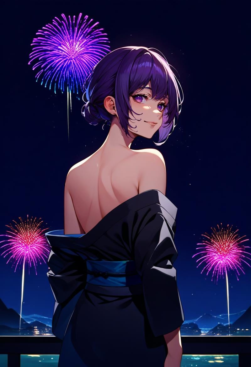 score_9, score_8_up, score_7_up, source_anime, from behind, solo, 1girl, motoko2045, slight smile, looking back, purple eyes, black kimono, off shoulder, blue sash, bare shoulders, fireworks <lora:ghostintheshell_kusanagi_ponyXL-2045:1>