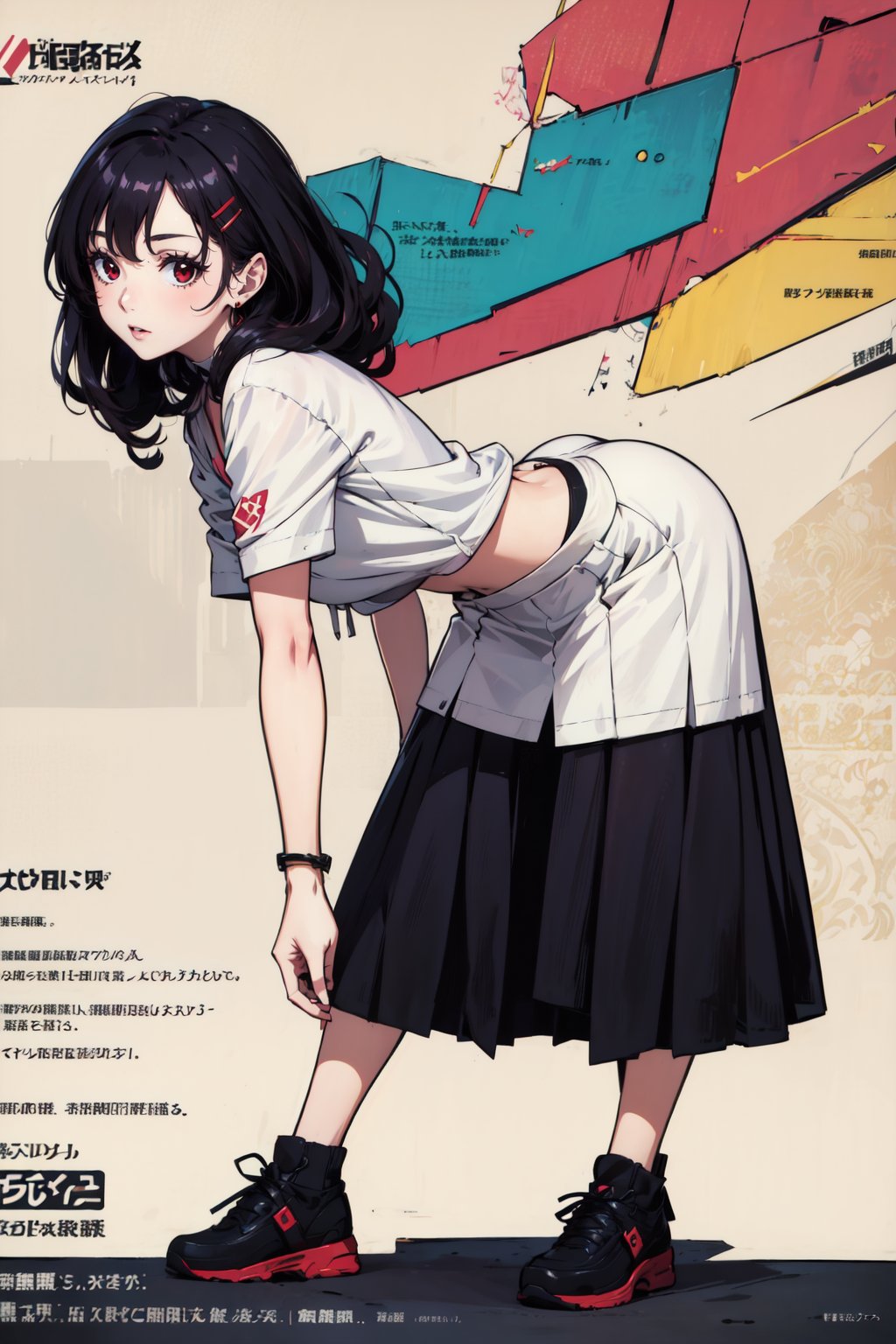 1girl, black hair, curly hair, long hair, movicomics, white shirt, (long skirt, black skirt), perfect figure, matured woman, ((full body shot)), (bent over), (bold and stylized text), (high quality, masterpiece:1.2), hair clip, red eyes<lora:EMS-318473-EMS:1.300000>