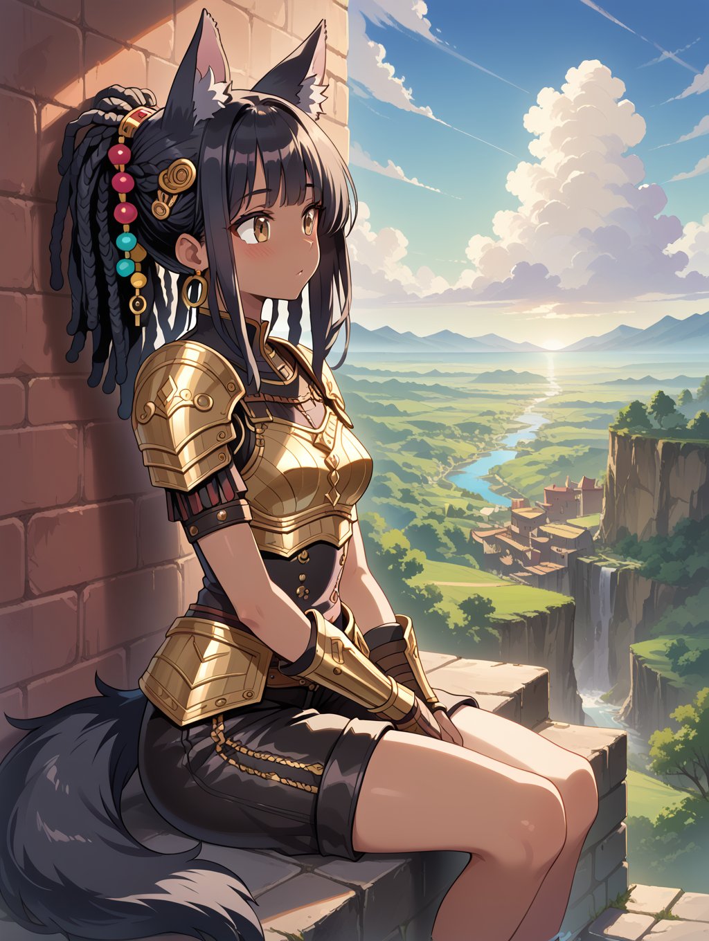 score_9, score_8_up, score_7_up,source_anime,Mature adult, exquisite illustration of a girl, solo girl, black hair, brown eyes, dreadlocks, hair accessory, hair beads, frilly black shorts, ornate leather armor, small breasts, black wolf ears, black wolf tail, scenery, :3 , intricate details, blushing, , clear line, sitting on wall