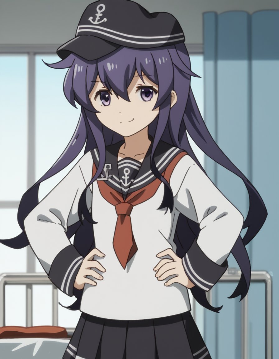 score_9, score_8_up, score_7_up, source_anime, <lora:kancolle-akatsuki-s1-ponyxl-lora-nochekaiser:1>, akatsuki, long hair, hair between eyes, purple eyes, purple hair, akatsuki (kancolle), skirt, shirt, long sleeves, hat, school uniform, pantyhose, pleated skirt, serafuku, black skirt, sailor collar, neckerchief, black pantyhose, red neckerchief, anchor symbol, flat cap,, hospital room, bedside, get well flowers, comforting, quiet, smile, looking at viewer, smug, hands on hips,, solo,, cowboy shot, dutch angle