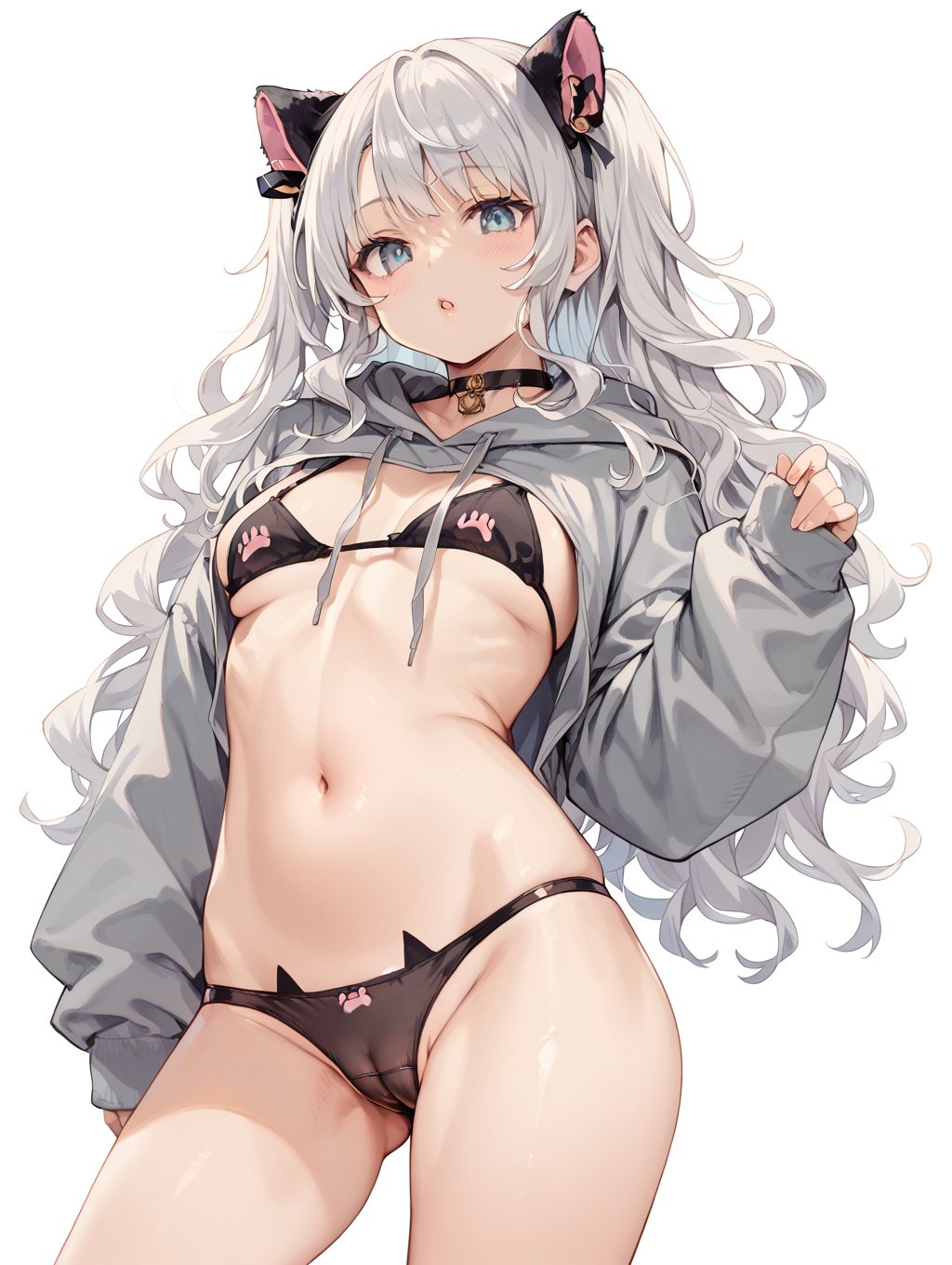 score_9, score_8_up, score_7_up white background, cowboy shot, sexycat,1girl,fake animal ears,choker,hoodie, navel,black bra,panties,cameltoe, long hair, wavy hair,  <lora:sexycat:1.0>