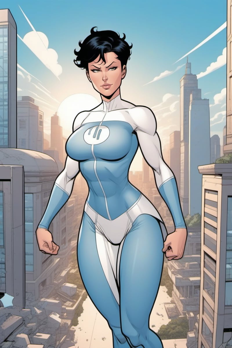 comic  a full body view of  muscular woman upset, short dark hair, huge breast, hourglass figures,wears a futuristic white and lightblue bodysuit, white miniskirt, flying over a city<lora:Anissa1024:0.6>  . graphic illustration, comic art, graphic novel art, vibrant, highly detailed