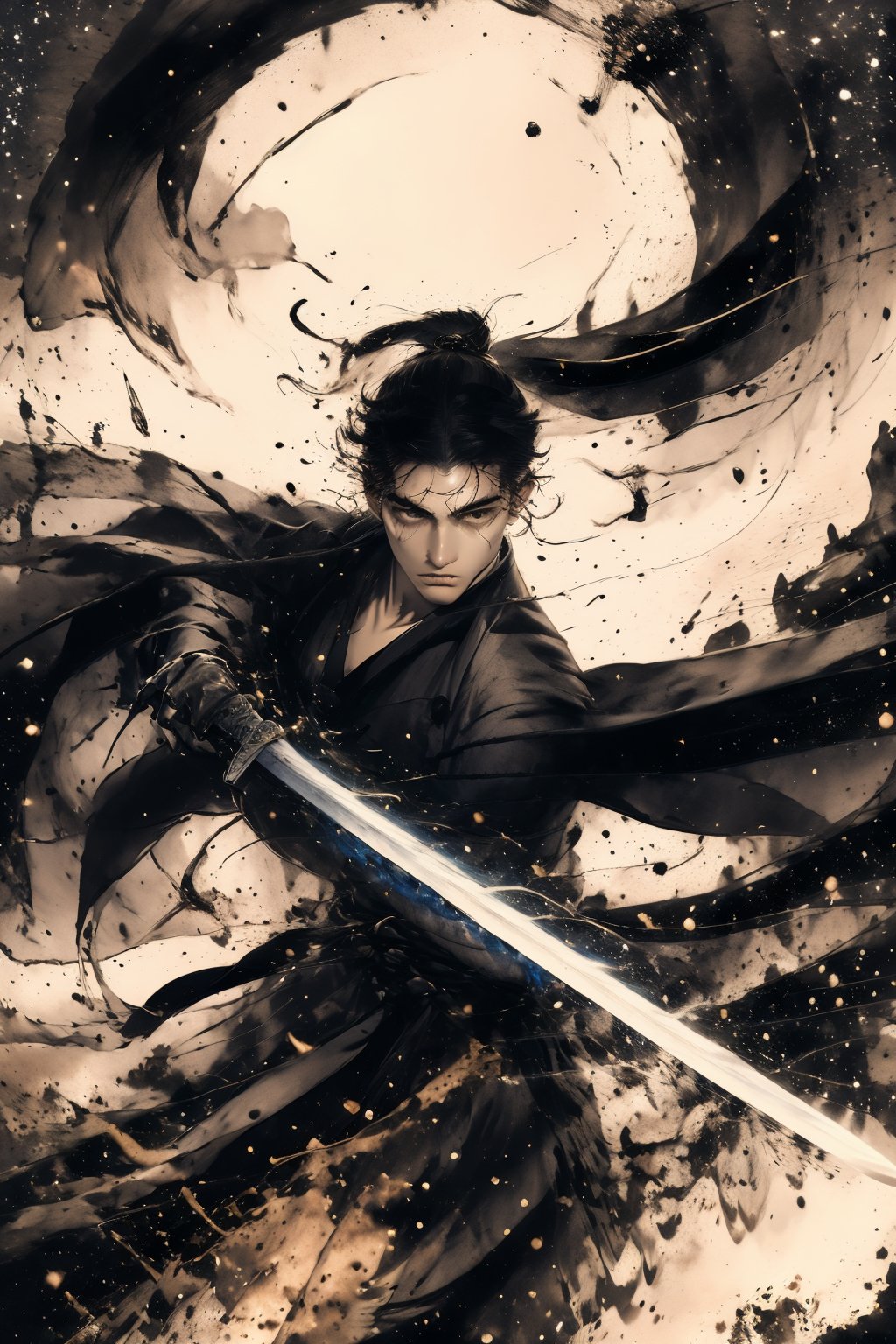 <lora:AgainChineseInkPainting:1>,AgainChineseInkPainting, monochrome, greyscale, 1boy, black hair, cloud, hair over eyes, holding, holding sword, holding weapon, katana, long hair, male focus, night, sky, solo, star \(sky\), starry sky, sword, weapon