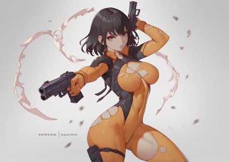 score_9, score_8_up, score_7_up, best quality, highest scorefemale, beautiful, body suit, looking at viewer, damaged clothing, aiming a gun<lora:Melowh_Artist_Style_PonyXL:1>