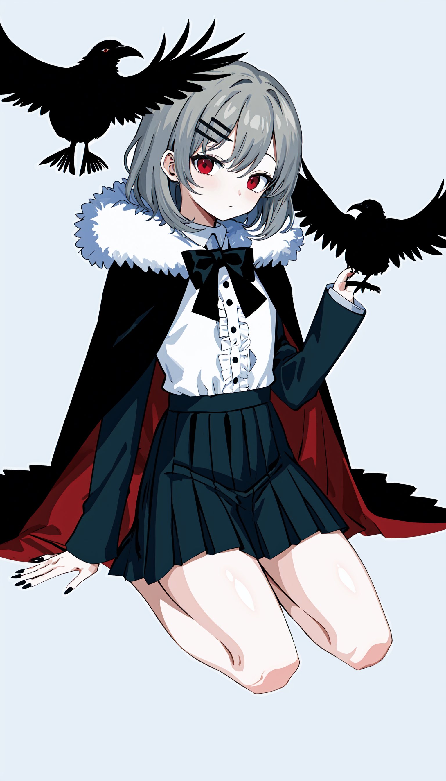 1girl, red eyes, skirt, bird, solo, shirt, black skirt, crow, grey hair, hair ornament, white shirt, hairclip, sitting, looking at viewer, black nails, long sleeves, simple background, fur trim, pleated skirt, frills, center frills, bow, frilled shirt, seiza, cape, closed mouth, medium hair