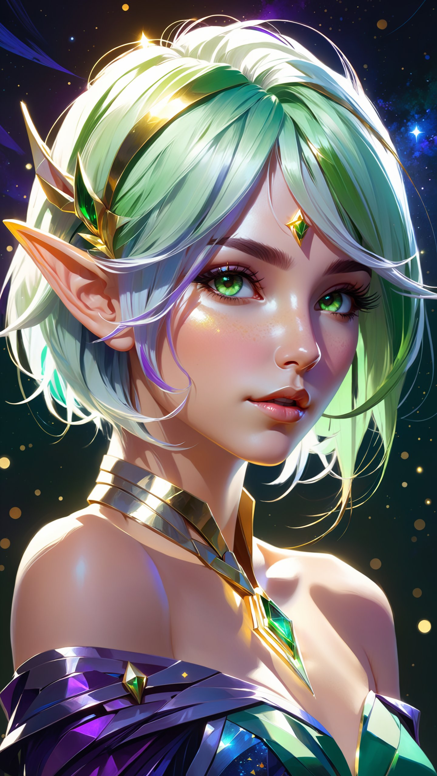 1girl, solo, golden jewelry, closed eyes, upper body, (green hair:1.1), white hair, multicolored hair, parted lips, light particles, elf, pointy ears, abstract beauty, centered, looking at the camera, approaching perfection, dynamic, moonlight, highly detailed, digital painting, artstation, concept art, smooth, sharp focus, illustration, art by Carne Griffiths and Wadim Kashin, (masterpiece, best quality, ultra realistic, 32k, RAW photo,8k uhd, high quality, film grain:1.1), short hair, Electric blue hair:1.1, portrait, lady, brown eyes, deep purple Off-the-shoulder top/dress, freckles, (Mint green gradient background, led light)