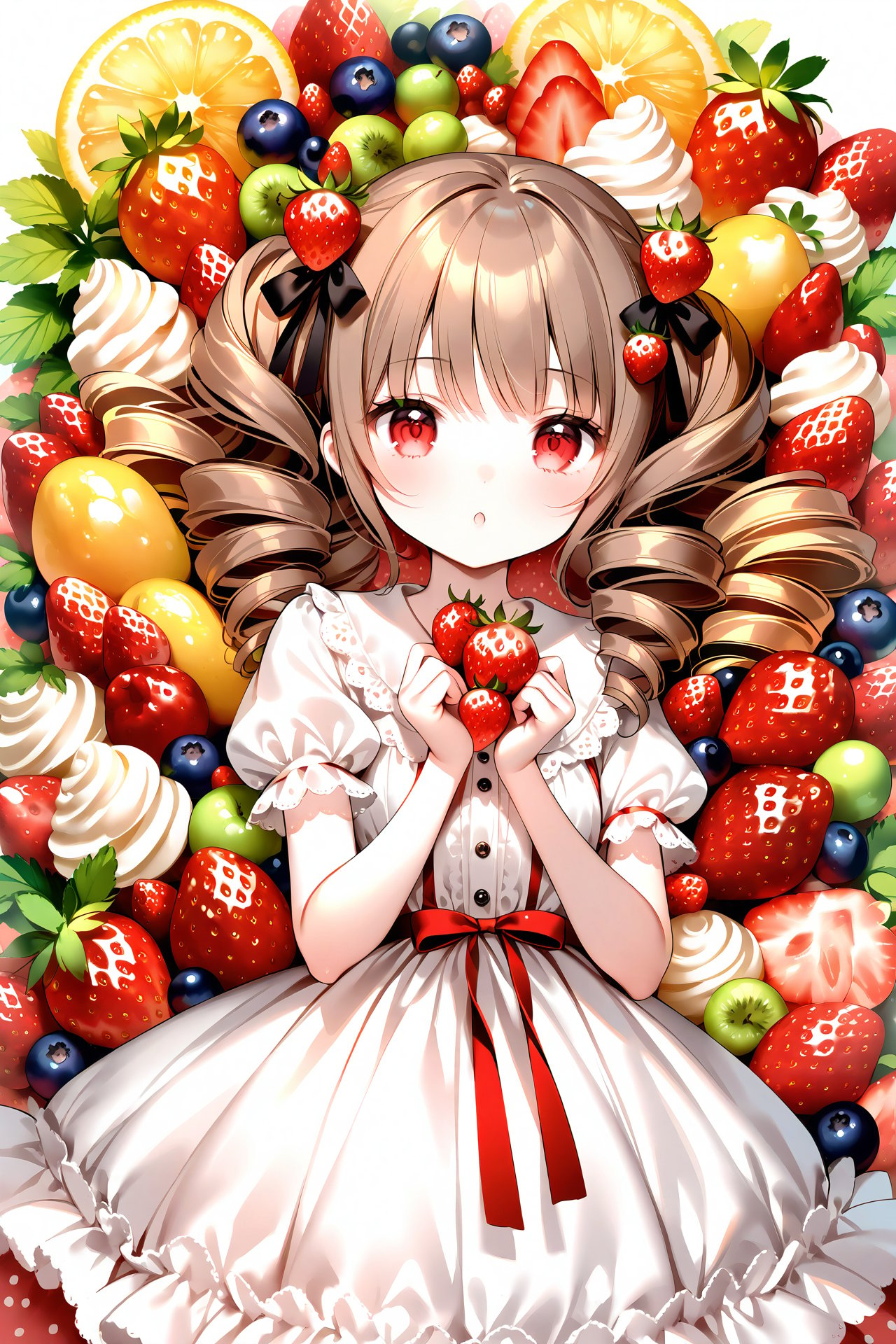 masterpiece,best quality,high quality,(colorful),1girl,solo,food,fruit,strawberry,brown hair,drill hair,long hair,red eyes,ribbon,hair ornament,dress,looking at viewer,twin drills,heart,