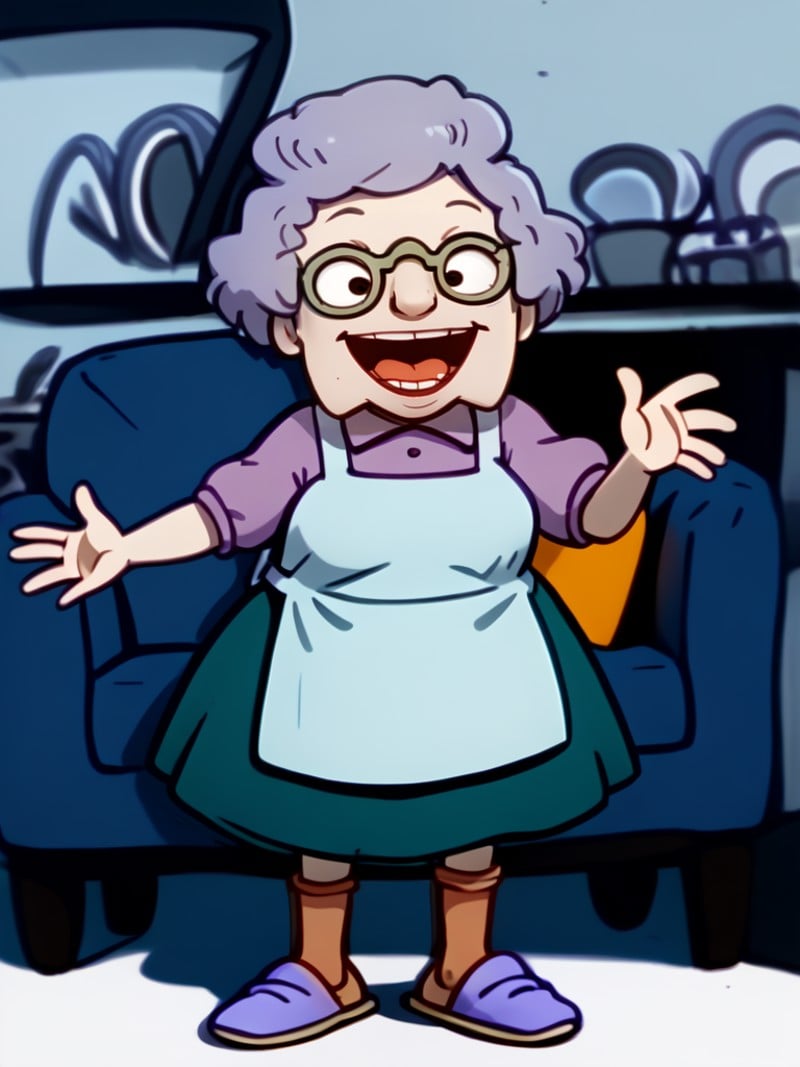 <lora:Minka_Kropotkin_-_Rugrats-10:1.4>1girl, old lady, light blue hair, blue shirt, apron, pince_nez_glasses, vintage_eyewear, dark blue skirt, orange socks, blue slippers, happy, mouth open, teeth, full body, source_cartoon, score_9, score_8_up, score_7_up,