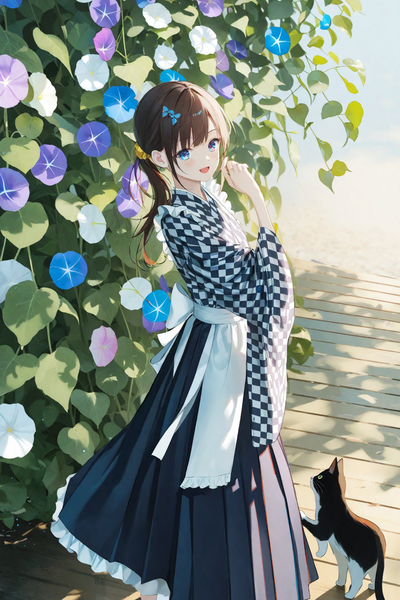 masterpiece,best quality,high quality,(colorful),[Artist toosaka asagi],[[[Artist wlop]]],[Artist chen bin],[Artist omone hokoma agm],Artist hiten (hitenkei), 1girl, cat, yagasuri, japanese clothes, flower, apron, blue flower, kimono, black cat, morning glory, brown hair, open mouth, looking at viewer, solo, long hair, smile, maid, wide sleeves, side ponytail, frills, maid apron, long sleeves, frilled apron, :d, outdoors, white apron, hakama, hair ornament, purple flower, blush, wa maid, hakama skirt, standing, sidelocks, blue eyes, bell, checkered kimono, animal, scrunchie, day, plant, hand up, skirt, leaf