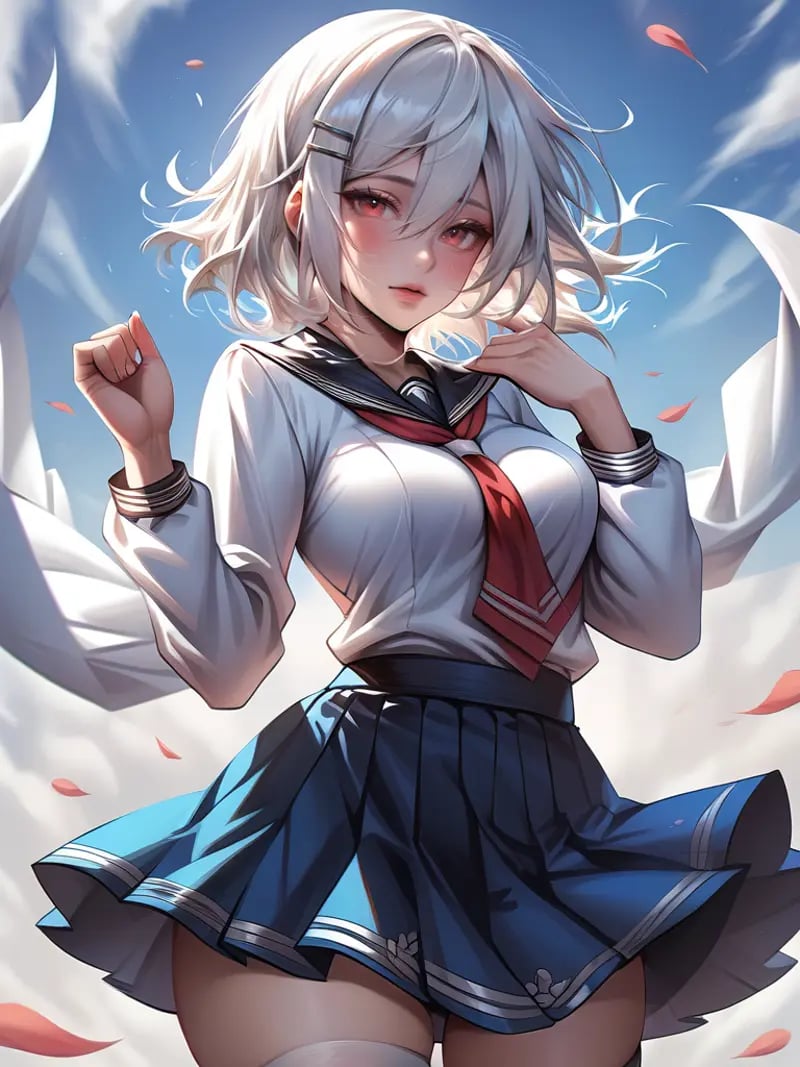 <lora:xl_kelala_pony_ceshi(pony)-000005:1>,Korean style,1girl, solo, thighhighs, skirt, red eyes, hair ornament, white legwear, breasts, hairclip, looking at viewer, pleated skirt, long sleeves, hair between eyes, bangs, silver hair, signature, eyebrows visible through hair, medium breasts, cape, scarf, thigh strap, short hair, black skirt, cowboy shot, wind, red neckwear, shirt, blue skirt, zettai ryouiki, white shirt, white background, petals, jacket, white hair, school uniform, white jacket, blush, between breasts, hands up, score_9, score_8_up,