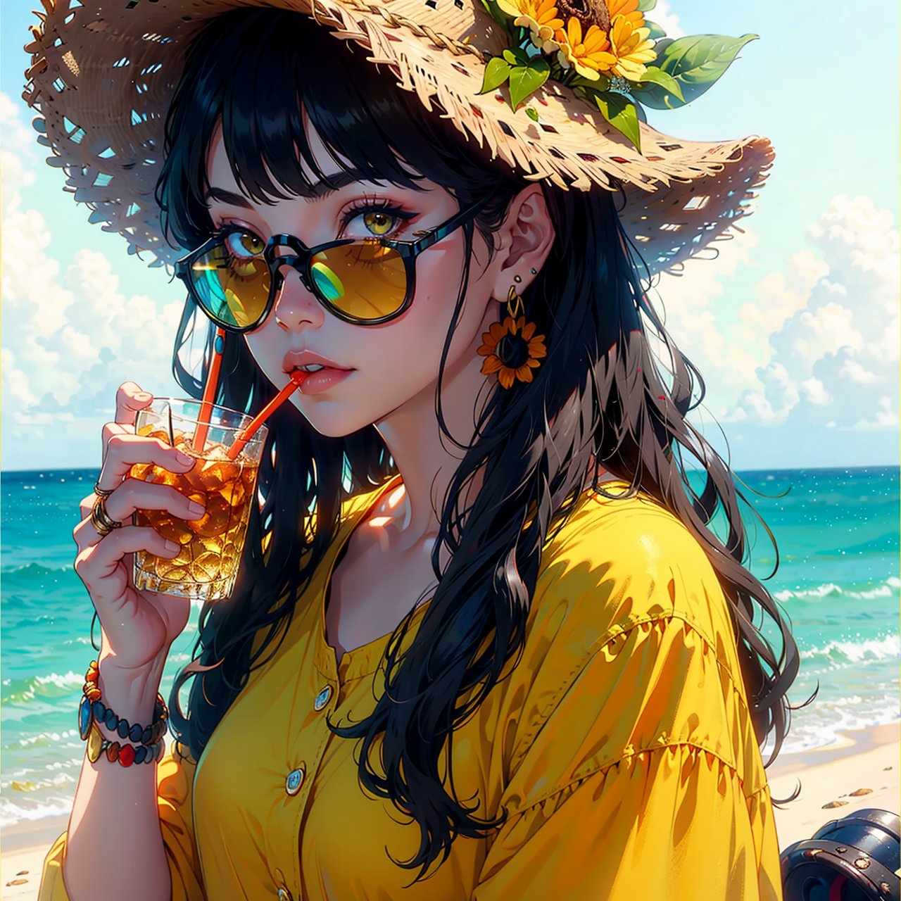 1girl, solo, starfish, seashell, shell, flower, hat, hair ornament, jewelry, straw hat, looking at viewer, sunglasses, hat flower, drinking straw, hairclip, earrings, red flower, tinted eyewear, yellow flower, bangs, english text, multicolored hair, orange flower, black hair, ring, cup, long hair, orange-tinted eyewear, food, brown hair, portrait, shell hair ornament