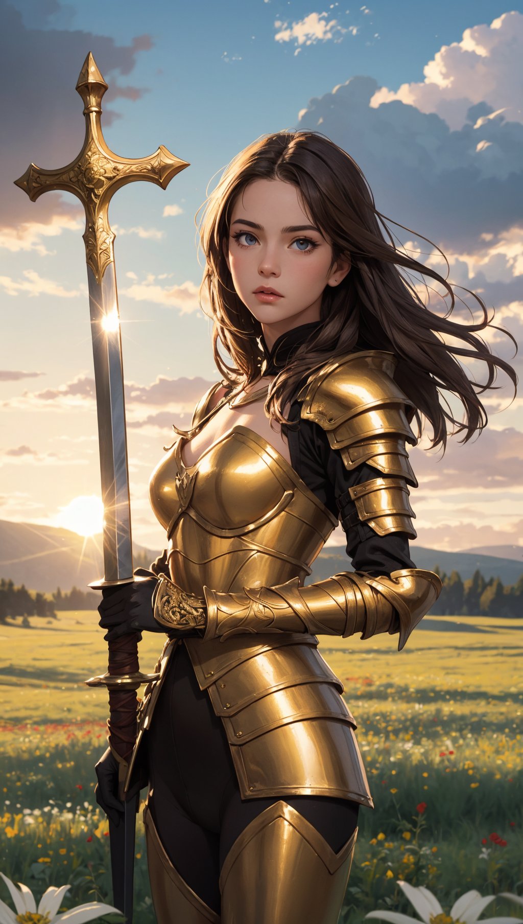 (4k),(masterpiece),(best quality),(extremely intricate),(realistic),(sharp focus),(cinematic lighting),(extremely detailed),A young girl in full plate armor,standing in a meadow of wildflowers. She is holding a sword and shield. She has long brown hair adorned with wildflowers. Her expression is determined,and her eyes are shining with courage. The sun is shining brightly behind her,casting a golden glow over the scene.,flower4rmor,flower bodysuit,Flower,