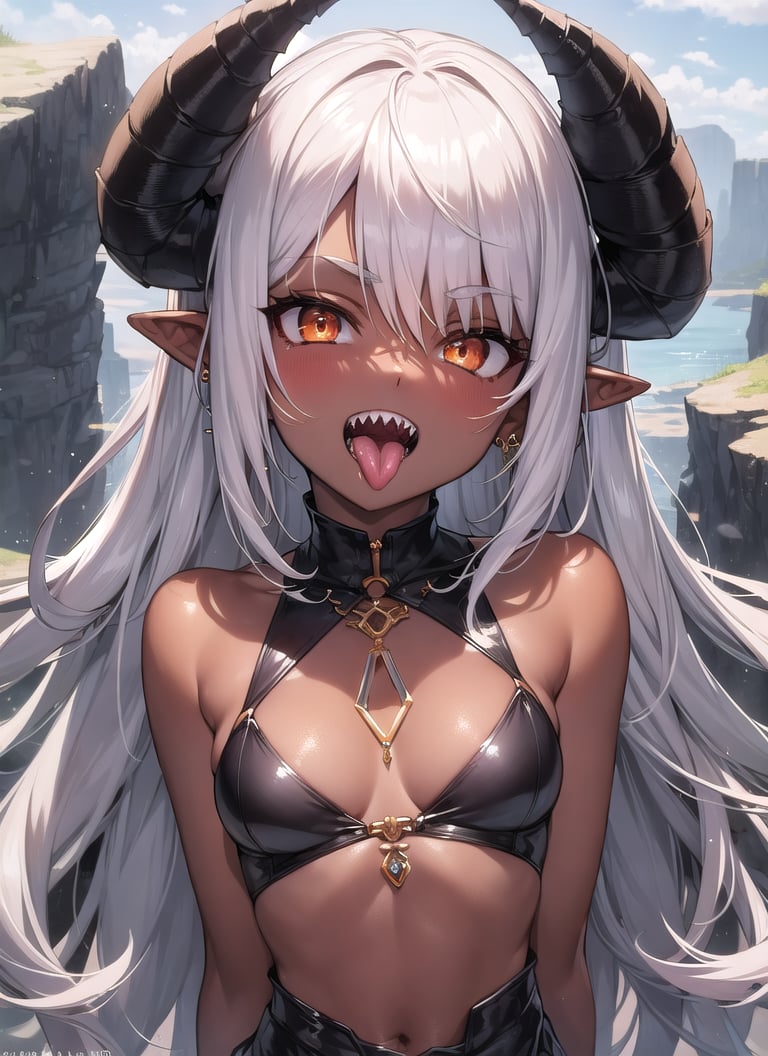 masterpiece, best quality, 1girl, dark skin, silver hair, orange eyes, sharp teeth, tongue out, upper body, horns, jewelry, cave, looking at viewer,