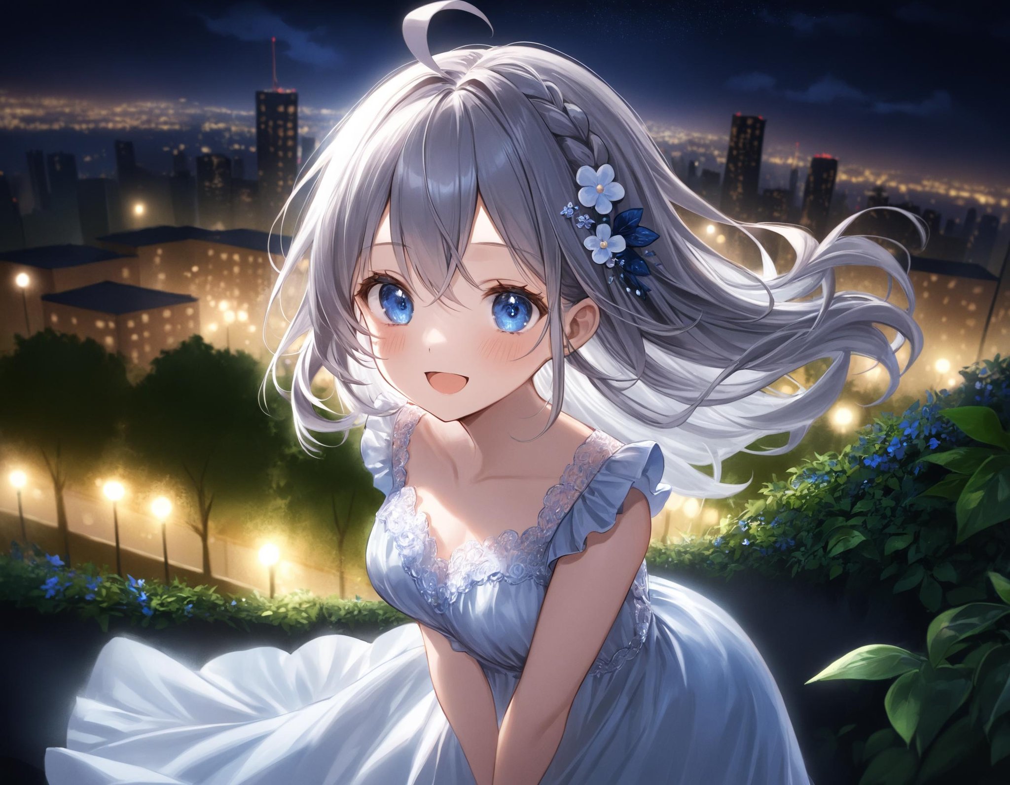 Upper body shot. Shooting from above. A cute girl. Solo. (Round face:1.25). Detailed dark-blue eyes. Tareme. Long wavy hair, gray hair, gray inner hair, left side french braid, ahoge, bule flower hair ornament and hair between eyes. Detailed body. Medium breasts. Ruffled white satin night dress and long skirt. Happy expression. Open mouth. Leaning forward. Looking at viewer. Fashionable urban park at night. Lush greenery. Night city view. (Night:1.2). (Atmospheric lighting:1.4). Cute style. Intricate details. Extremely detailed. Outstanding intricacies. (Masterpiece:1.2). (Best quality:1.2). (Absurdres absolutely resolution:1.4).