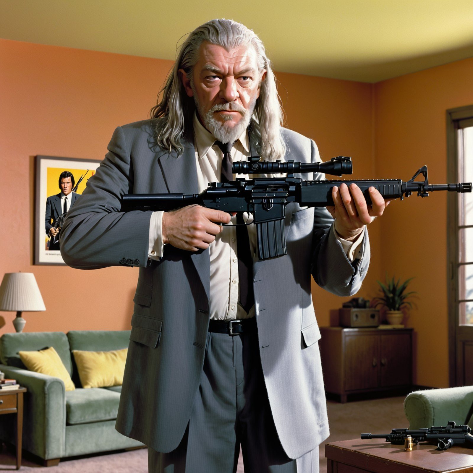 Gandalf aiming a rifle in the apartment scene from Pulp Fiction, tarantino, wizard, movie poster, grey suit, movie grain, m4car, scope,