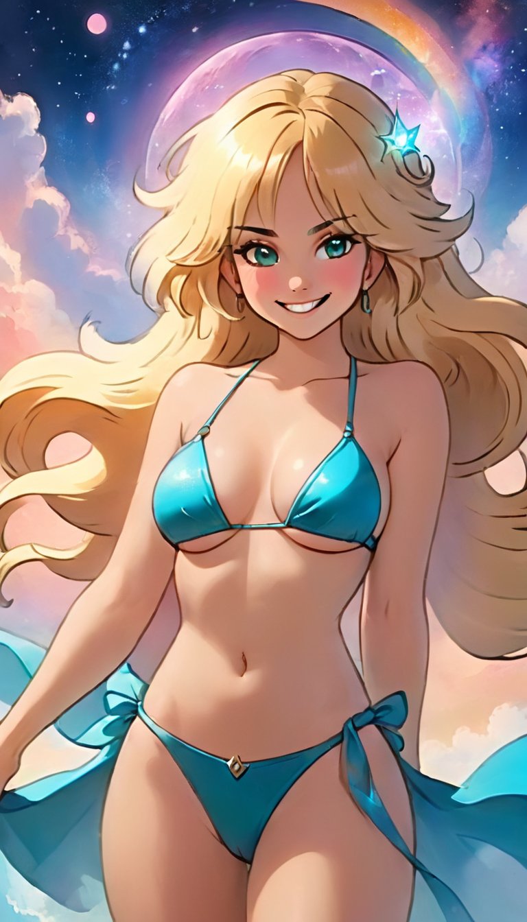 ethereal fantasy concept art of   <lora:lnchDBXL:.95>lnchdb, bikini, smiling, blonde <lora:SexyConiAIv2p:.5> sexy . magnificent, celestial, ethereal, painterly, epic, majestic, magical, fantasy art, cover art, dreamy